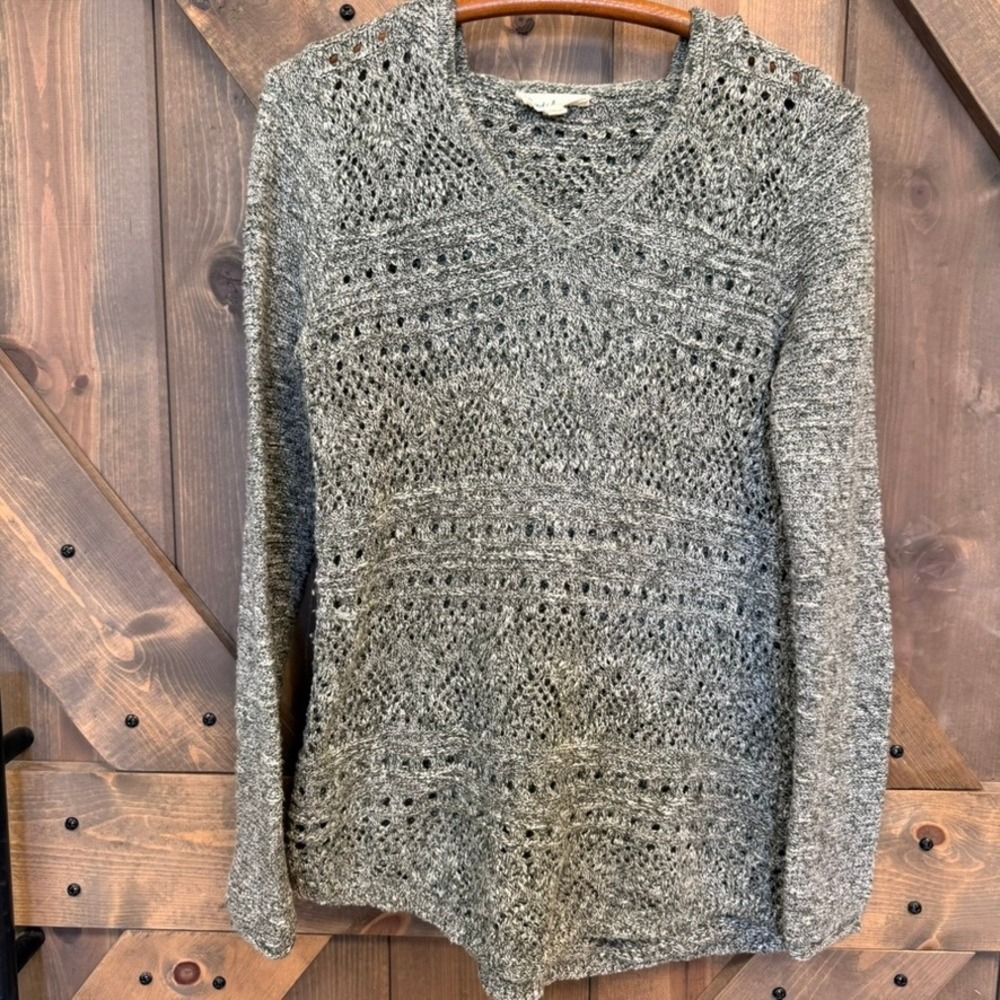 Cloud Chaser Hooded Open Knit Sweater Womens Medium Grey Excellent Boho V-Neck